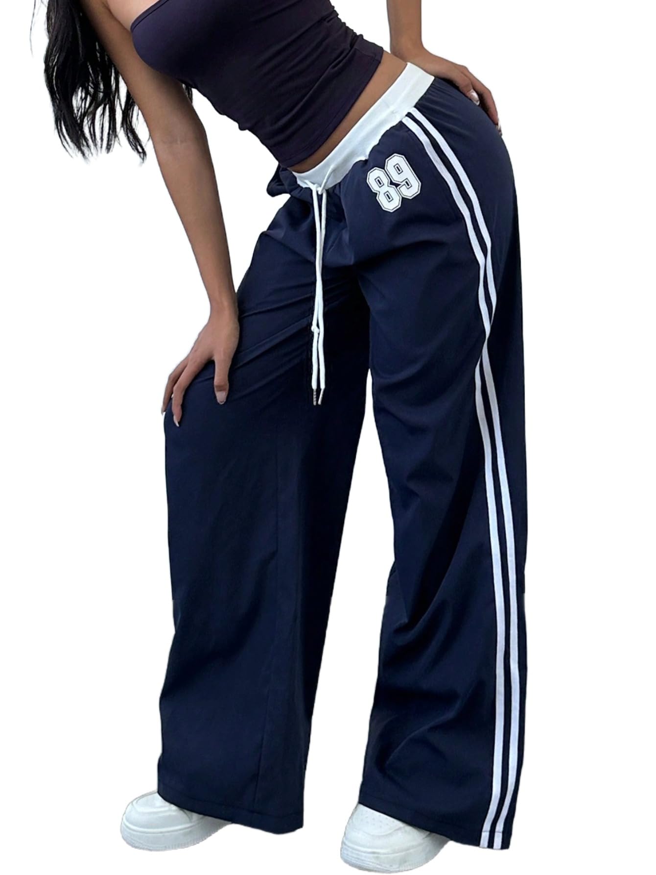 WDIRARA Women's Wide Leg Baggy Sweatpants Side Striped Number
